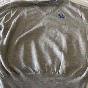 Peter Millar Gray V-Neck Sweater with Blue Logo